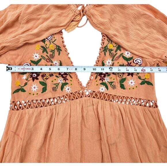 Altar'd State Floral Embroidered Dress Coral Pink Mini Tie Back Womens Sz Small - Picture 7 of 10